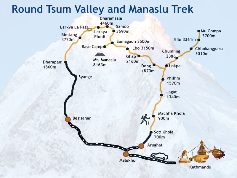 Round Tsum Valley And Manaslu Circuit Trek 23 Days routemap